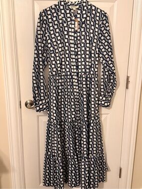 Boden Navy and White Geometric Button-Front Dress